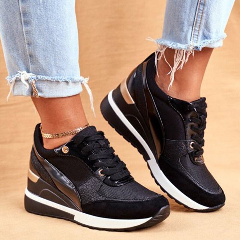 Women's black and gold-toned colour-block platform sneakers with lace-up fronts