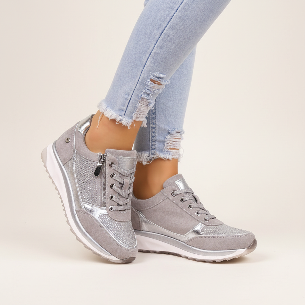 Women's low-top lace-up sneakers with metallic panels and textured soles