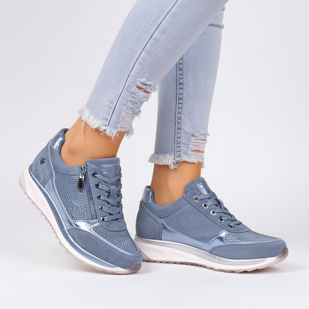 Women's low-top lace-up sneakers with metallic panels and textured soles
