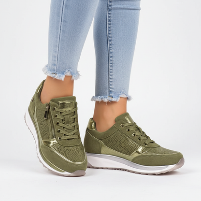 Women's low-top lace-up sneakers with metallic panels and textured soles