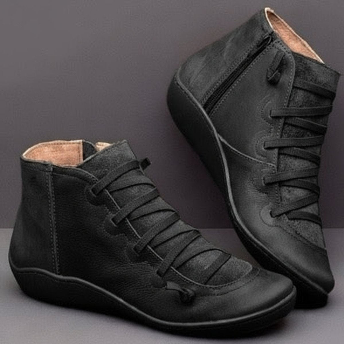 Women's lace-up ankle boots with side zippers and round toes