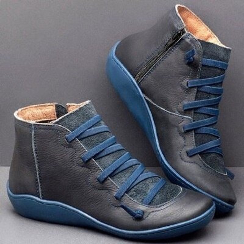 Women's lace-up ankle boots with side zippers and round toes