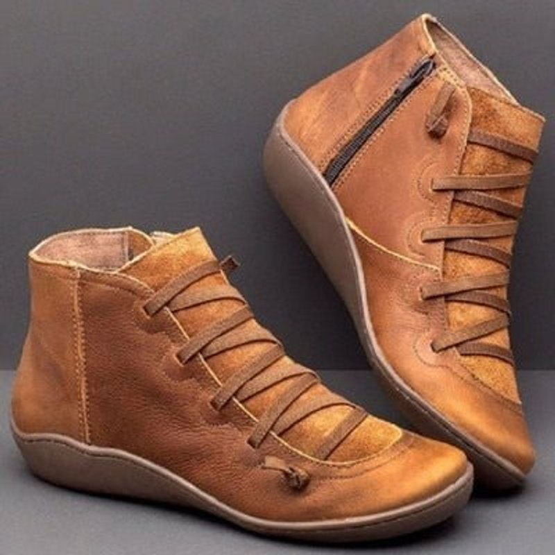 Women's lace-up ankle boots with side zippers and round toes