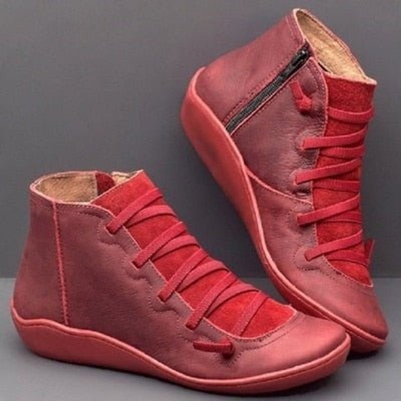 Women's lace-up ankle boots with side zippers and round toes