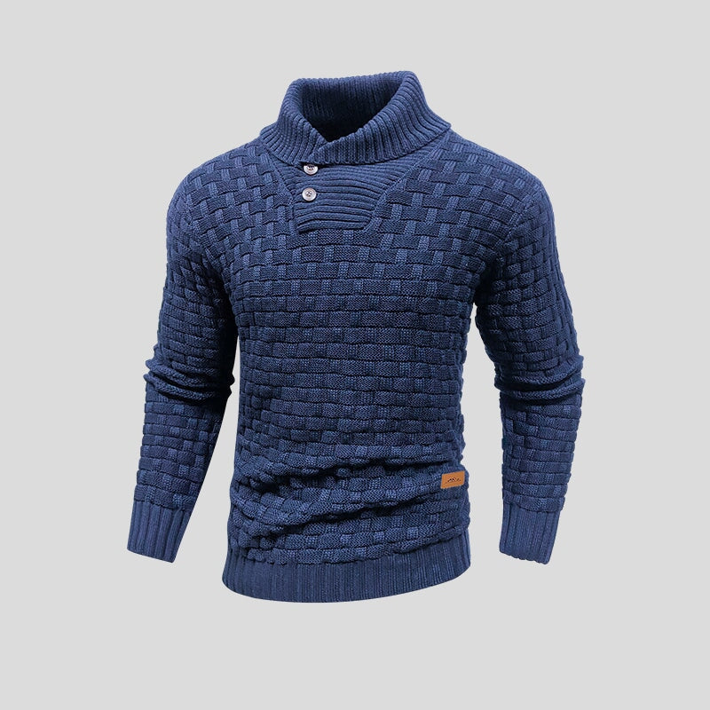 Men's textured mock neck sweater with button placket and long sleeves