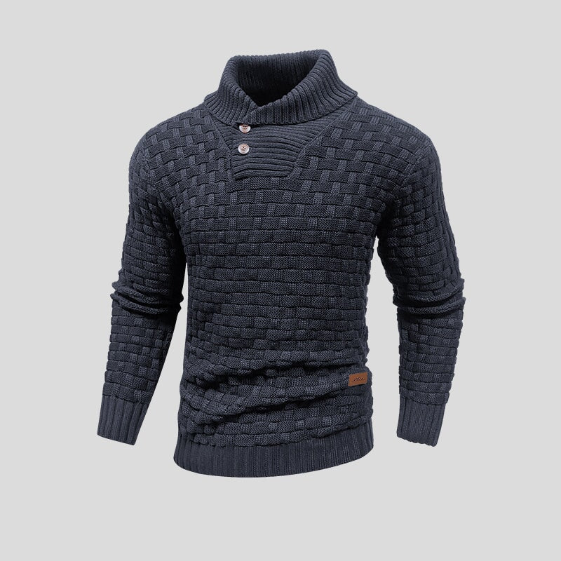 Men's textured mock neck sweater with button placket and long sleeves