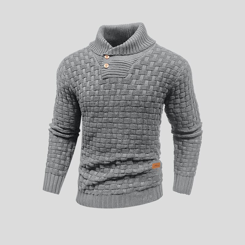 Men's textured mock neck sweater with button placket and long sleeves