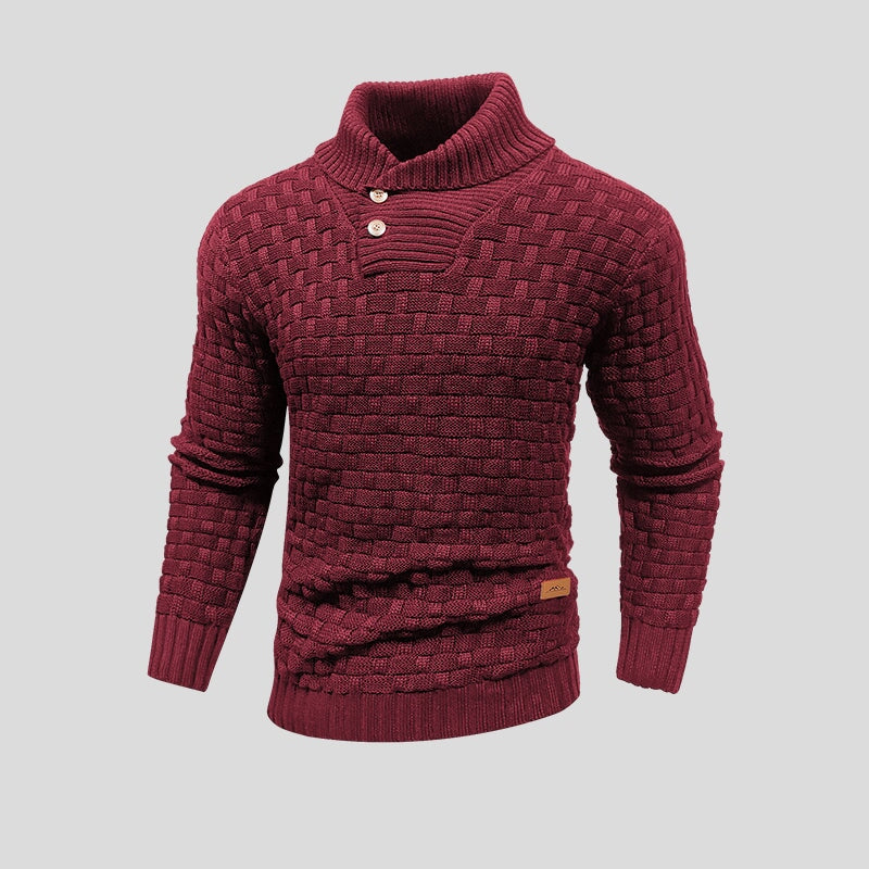 Men's textured mock neck sweater with button placket and long sleeves