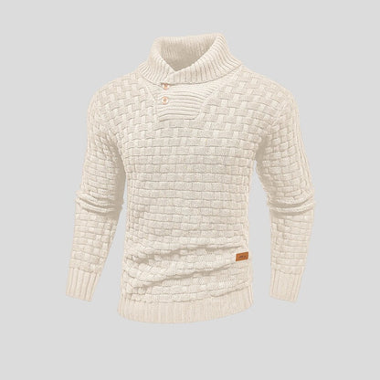 Men's textured mock neck sweater with button placket and long sleeves