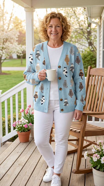 Odette Cat Knit Button-Up Cardigan