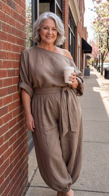 Evadne Elegant One-Shoulder Two-Piece Set