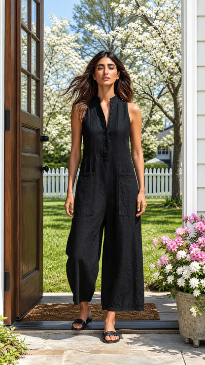Marcella Sleeveless Button Front Wide-Leg Jumpsuit