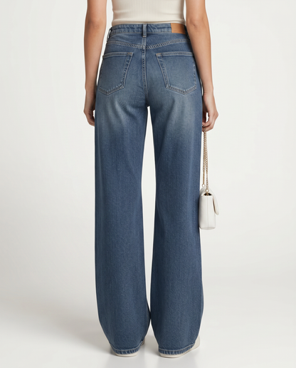 Women's blue high-waisted wide-leg jeans with five-pocket design