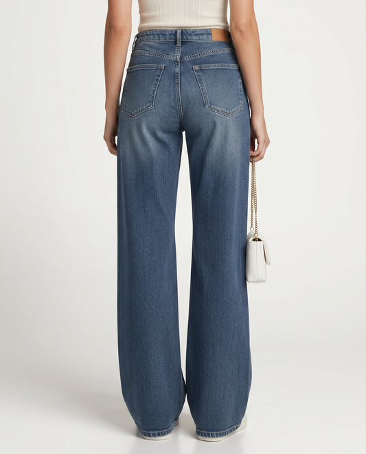 Women's blue high-waisted wide-leg jeans with five-pocket design
