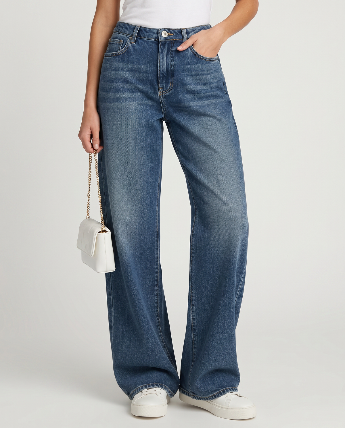Women's blue high-waisted wide-leg jeans with five-pocket design