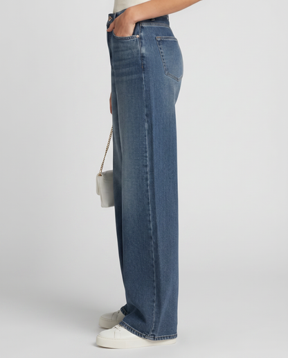 Women's blue high-waisted wide-leg jeans with five-pocket design