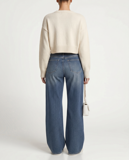 Women's blue high-waisted wide-leg jeans with five-pocket design