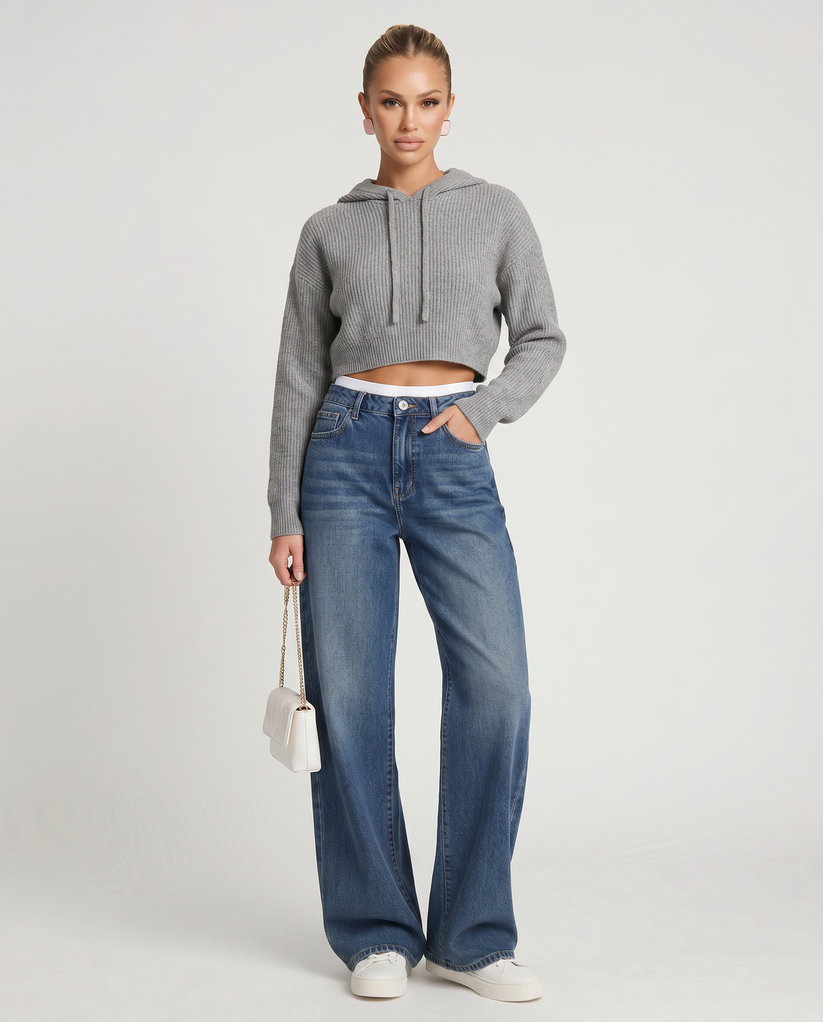 Women's blue high-waisted wide-leg jeans with five-pocket design