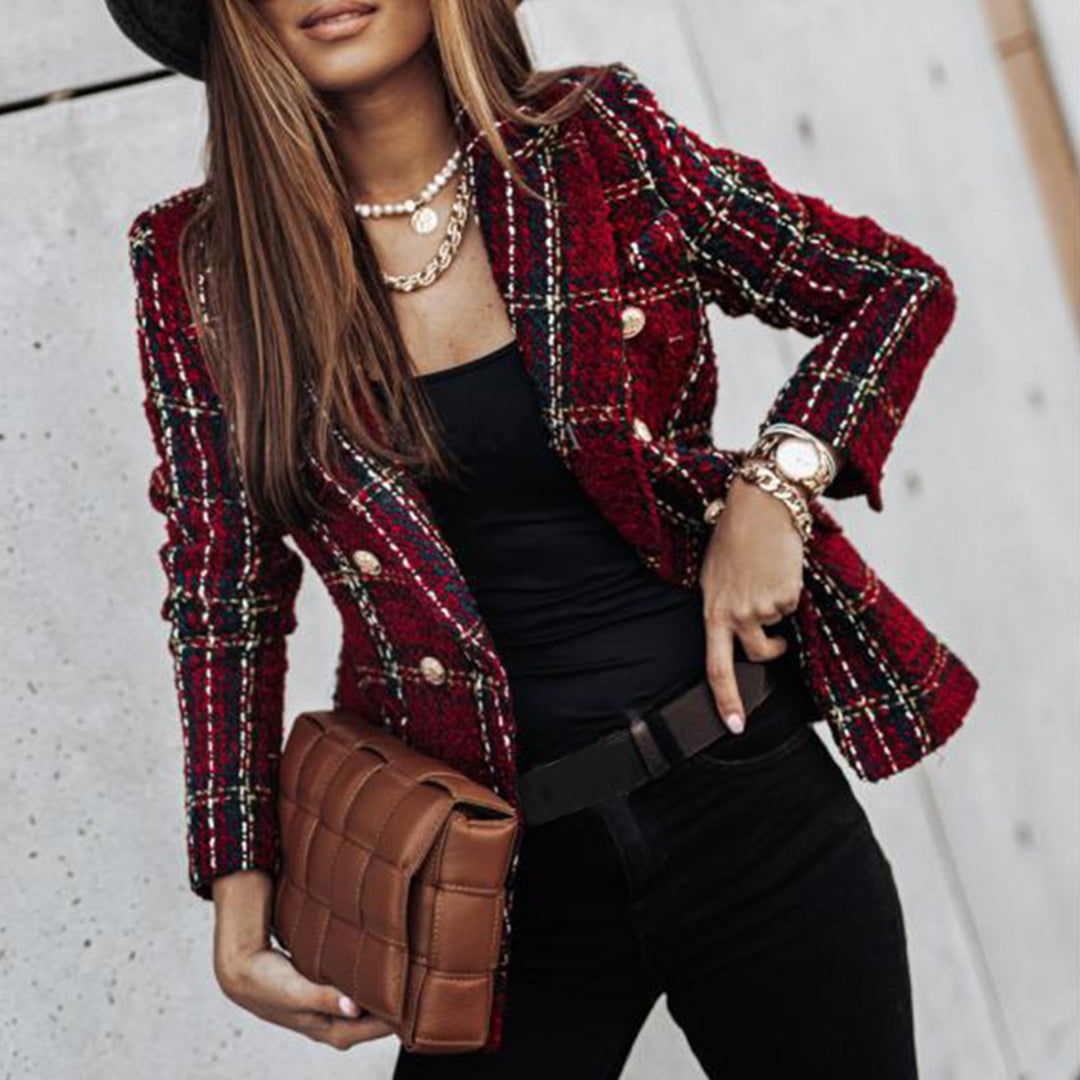 Women's checked tweed blazer with long sleeves and button front