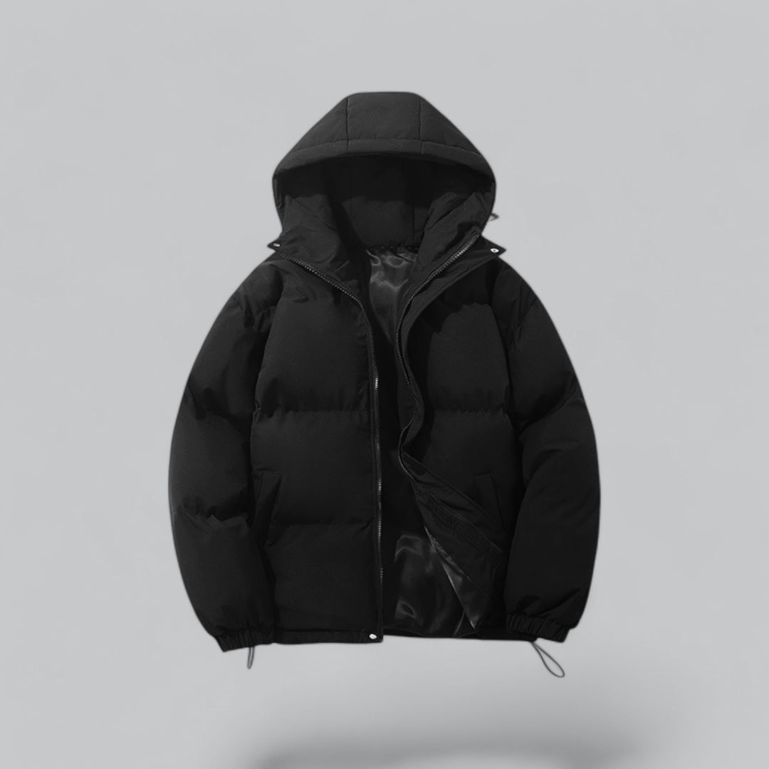 Men's quilted hooded parka jacket with zip front, pockets and adjustable hem