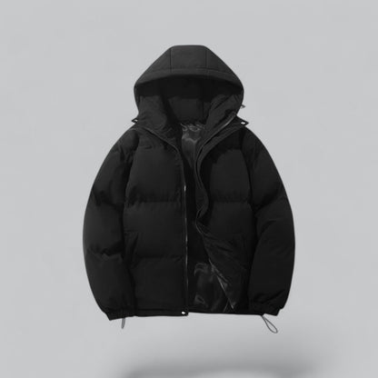Men's quilted hooded parka jacket with zip front, pockets and adjustable hem