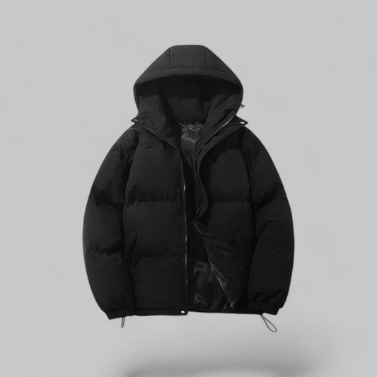 Men's quilted hooded parka jacket with zip front, pockets and adjustable hem