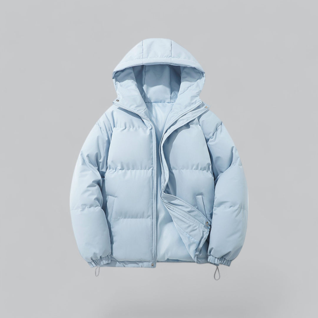 Men's quilted hooded parka jacket with zip front, pockets and adjustable hem