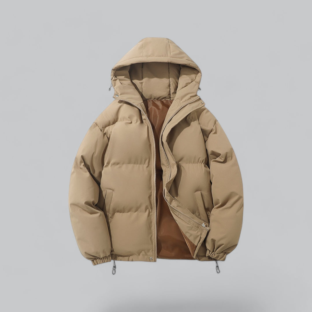 Men's quilted hooded parka jacket with zip front, pockets and adjustable hem