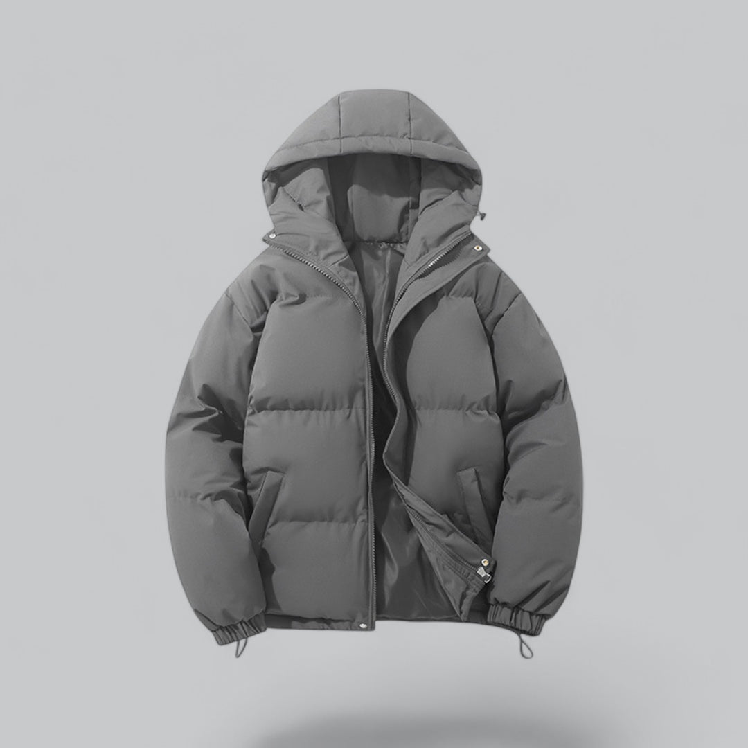 Men's quilted hooded parka jacket with zip front, pockets and adjustable hem