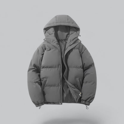 Men's quilted hooded parka jacket with zip front, pockets and adjustable hem