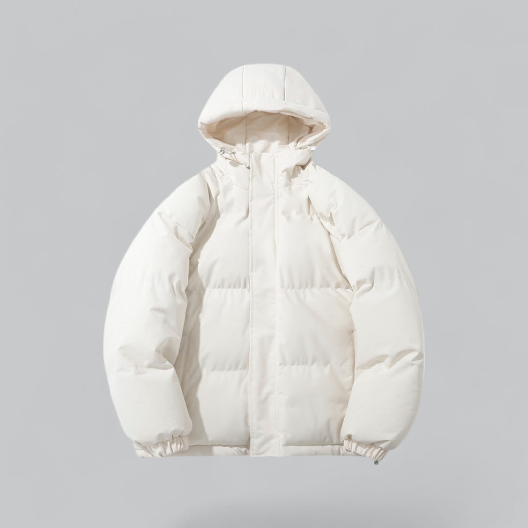 Men's quilted hooded parka jacket with zip front, pockets and adjustable hem