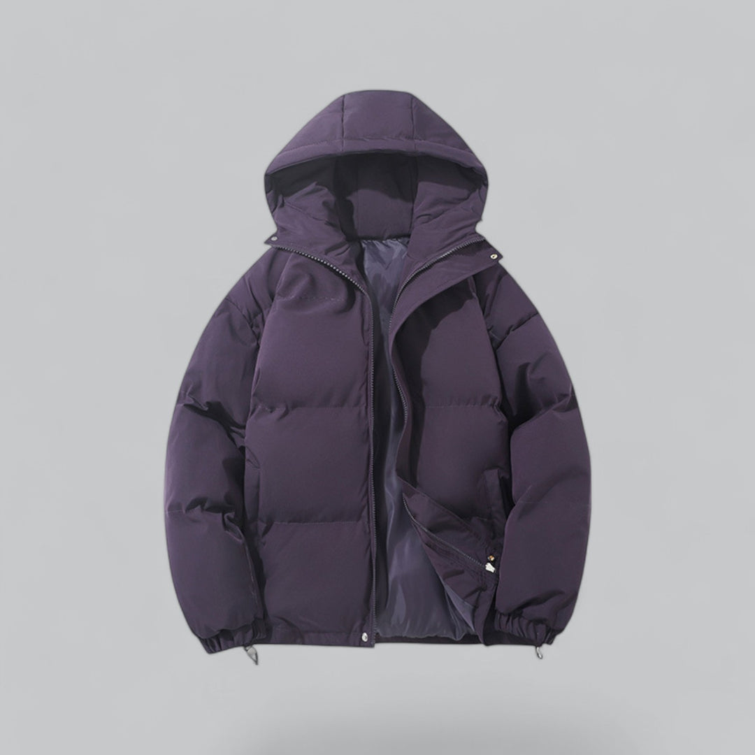Men's quilted hooded parka jacket with zip front, pockets and adjustable hem