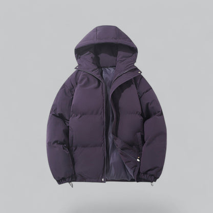 Men's quilted hooded parka jacket with zip front, pockets and adjustable hem