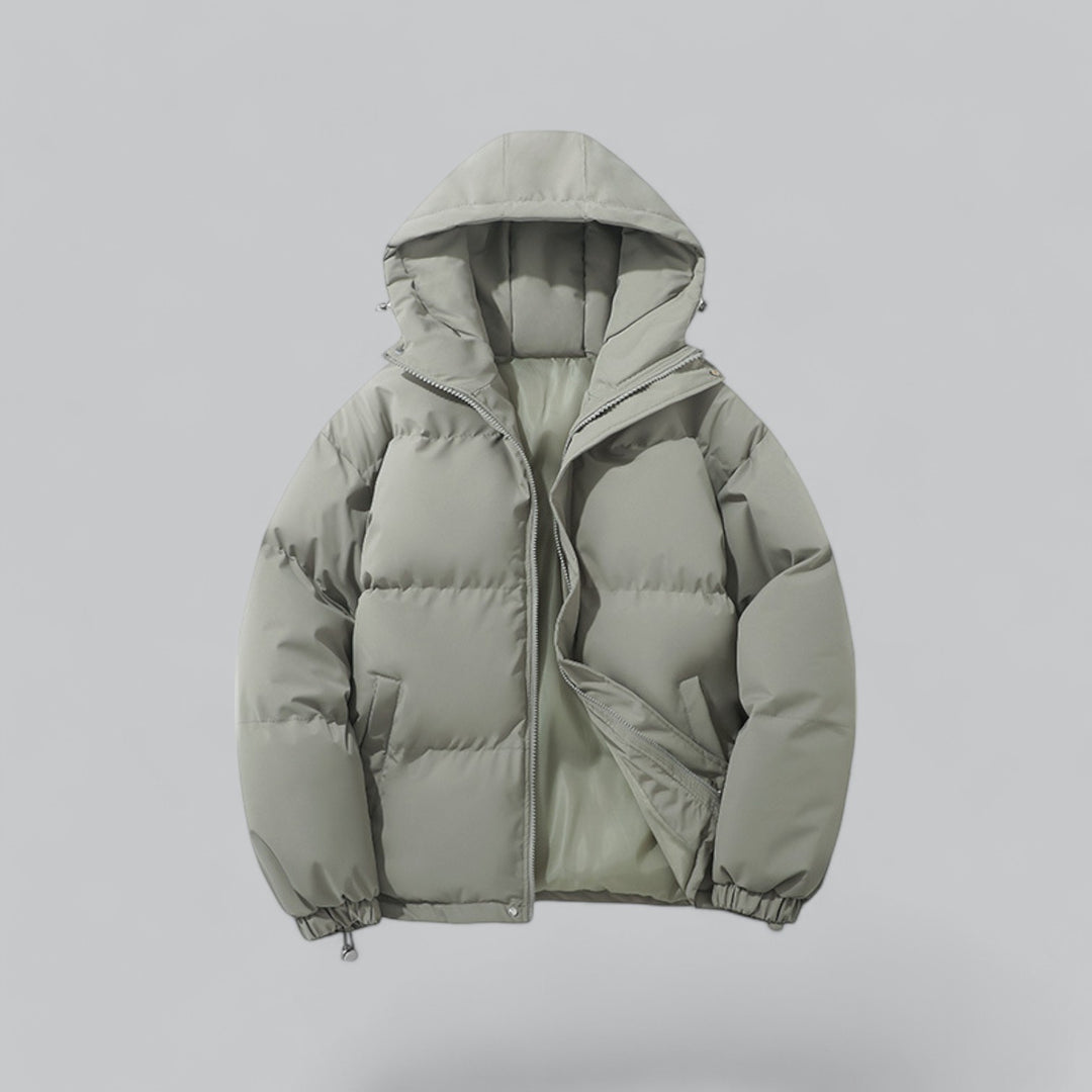 Men's quilted hooded parka jacket with zip front, pockets and adjustable hem