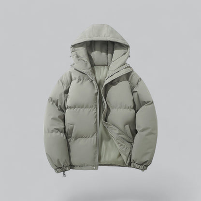 Men's quilted hooded parka jacket with zip front, pockets and adjustable hem