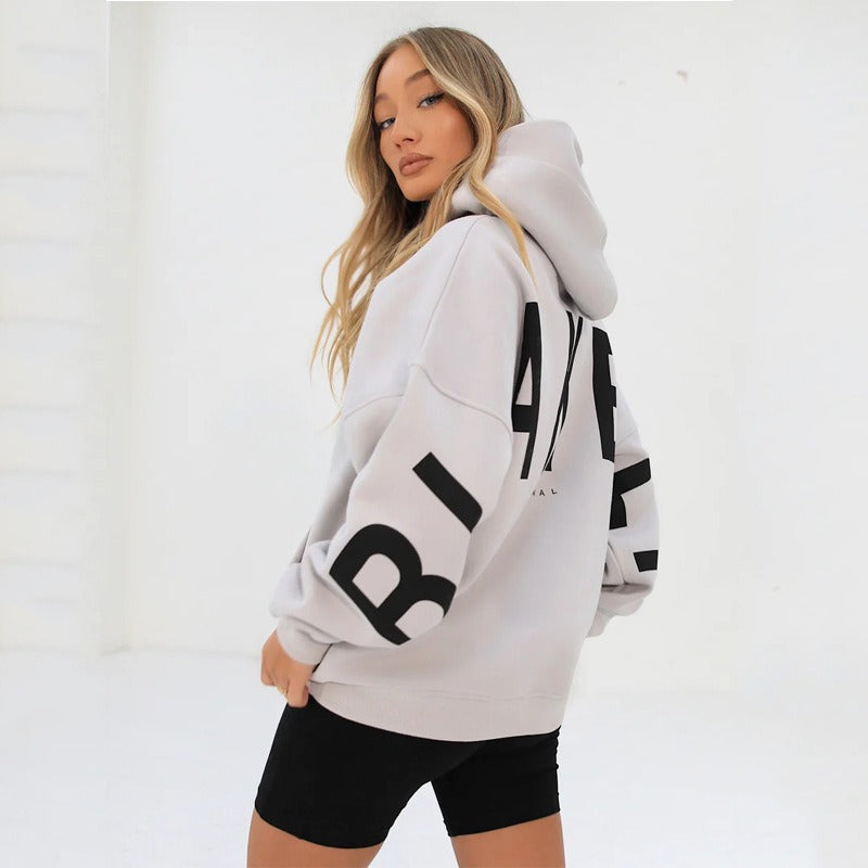 Women's hooded pullover with graphic back and sleeve print