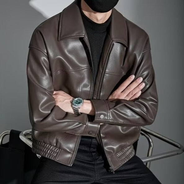 Men's zip front jacket with pointed collar and long sleeves