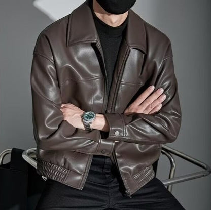 Men's zip front jacket with pointed collar and long sleeves