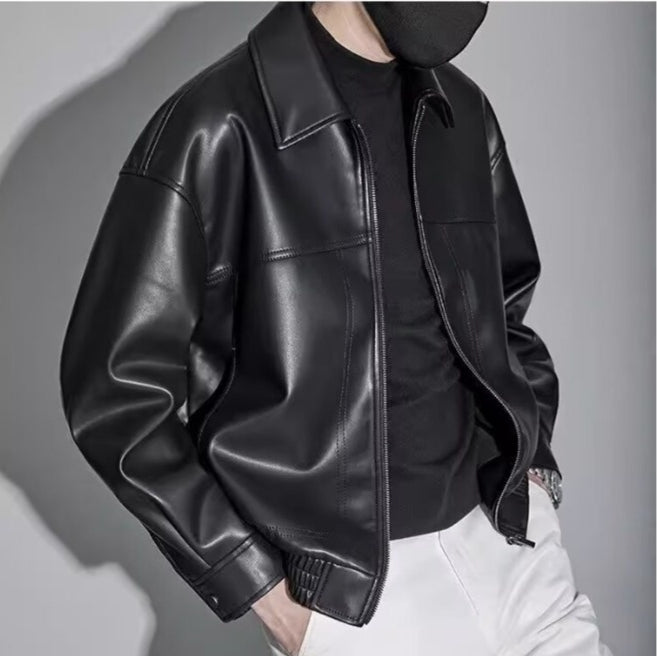 Men's zip front jacket with pointed collar and long sleeves
