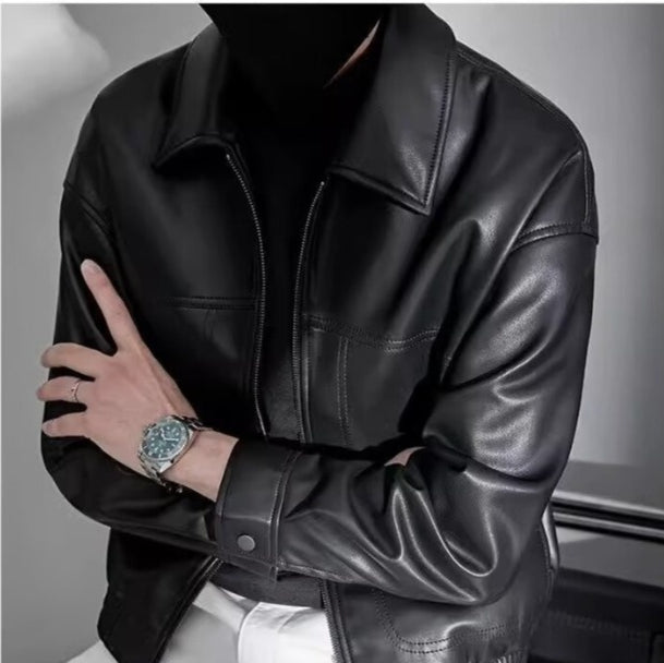 Men's zip front jacket with pointed collar and long sleeves