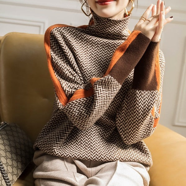 Women's herringbone roll neck jumper with contrast trim and long sleeves