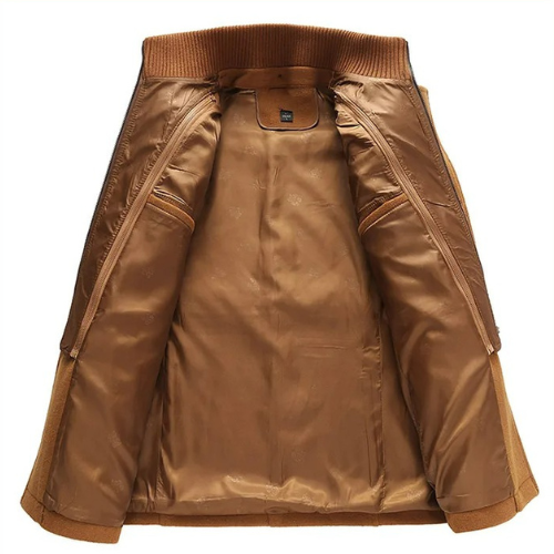 Men's textured stand collar coat with buttons, zip fastening and multiple pockets