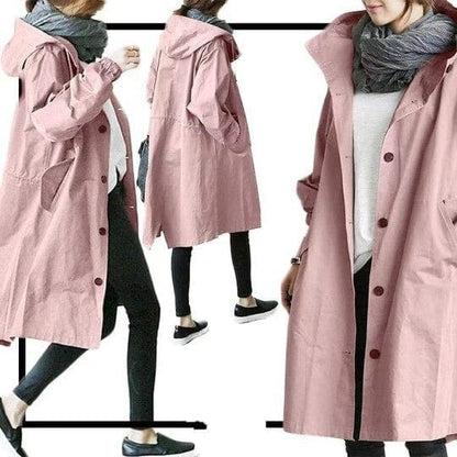 Women's long hooded raincoat with button front and patch pockets