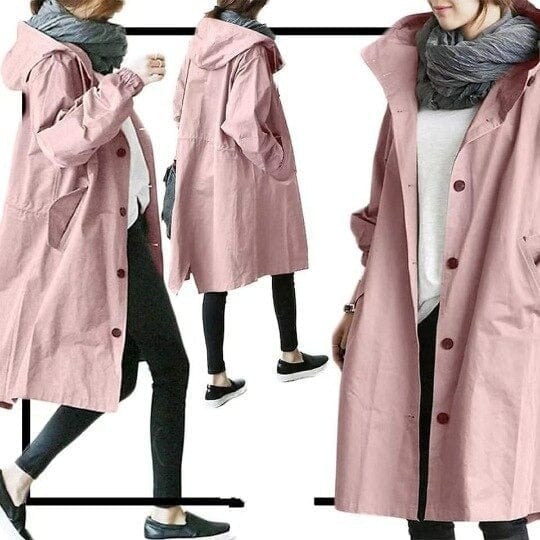 Women's long hooded raincoat with button front and patch pockets