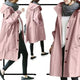 Women's long hooded raincoat with button front and patch pockets