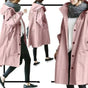 Women's long hooded raincoat with button front and patch pockets