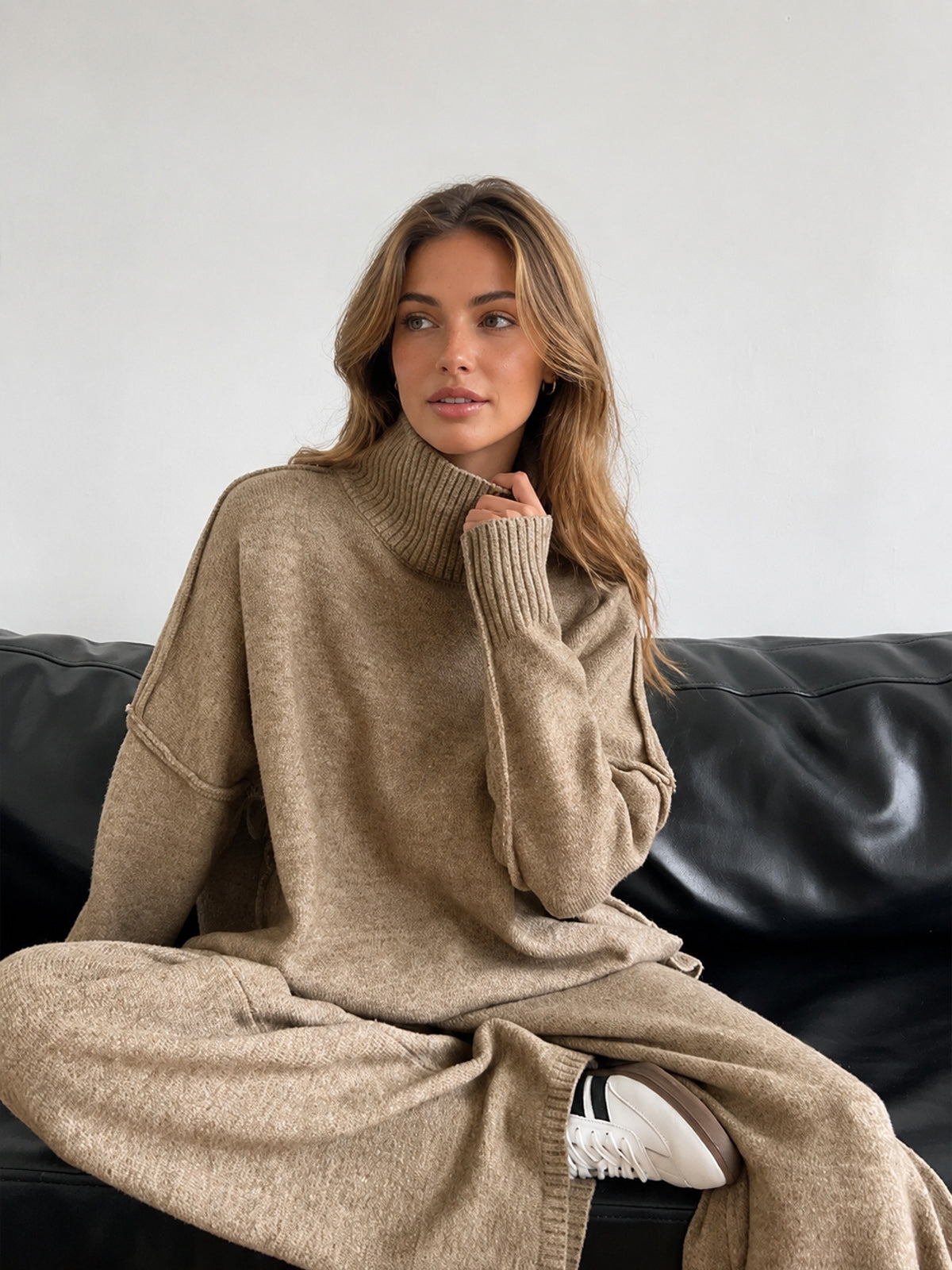 Women's plain turtleneck knit top and wide-leg pants set