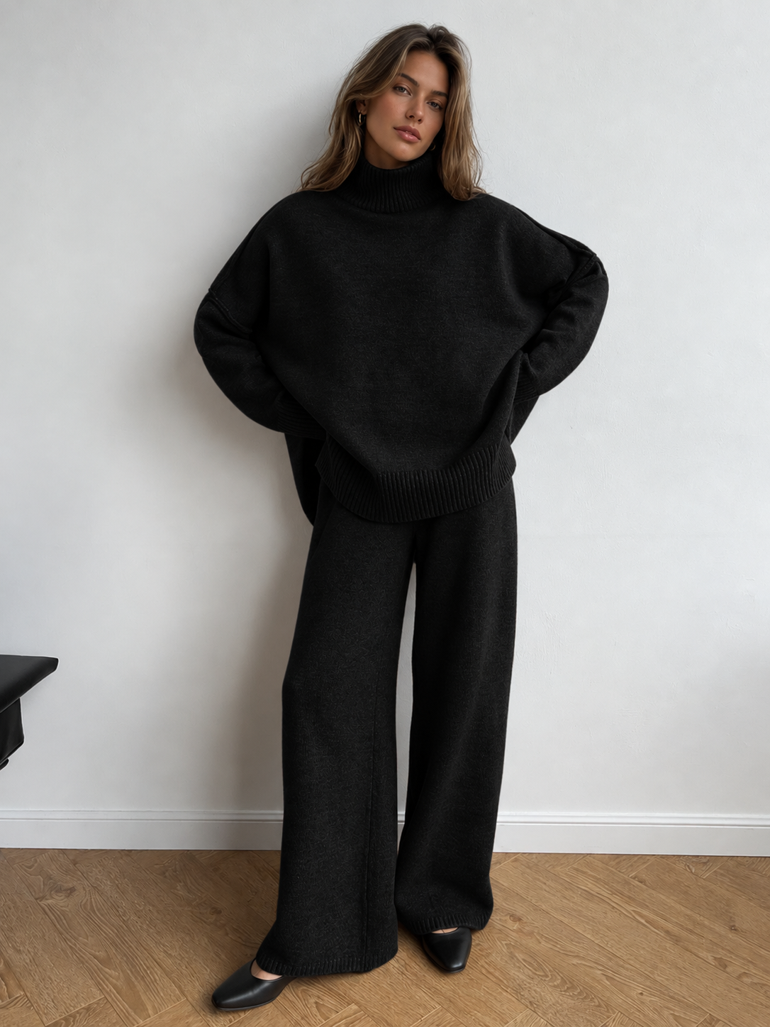 Women's plain turtleneck knit top and wide-leg pants set
