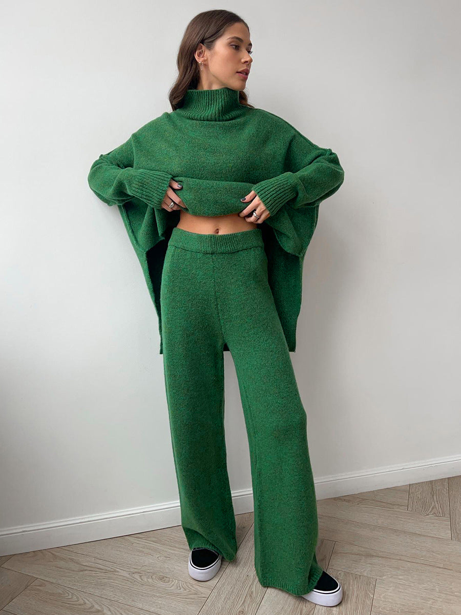 Women's plain turtleneck knit top and wide-leg pants set