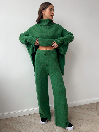 Women's plain turtleneck knit top and wide-leg pants set